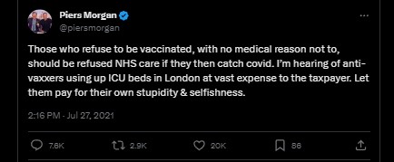 Piers Morgan COVID Unvaccinated Tweet