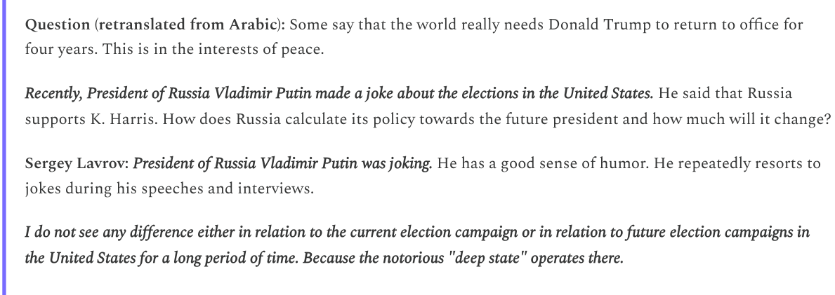 English transcript of Lavrov telling Sky News Arabia that Putin's Harris remarks were a joke