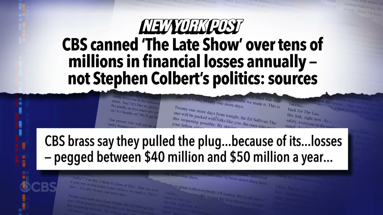 On-screen graphic from The Late Show, July 21, 2025, showing a reported loss of $40 million to $50 million a year