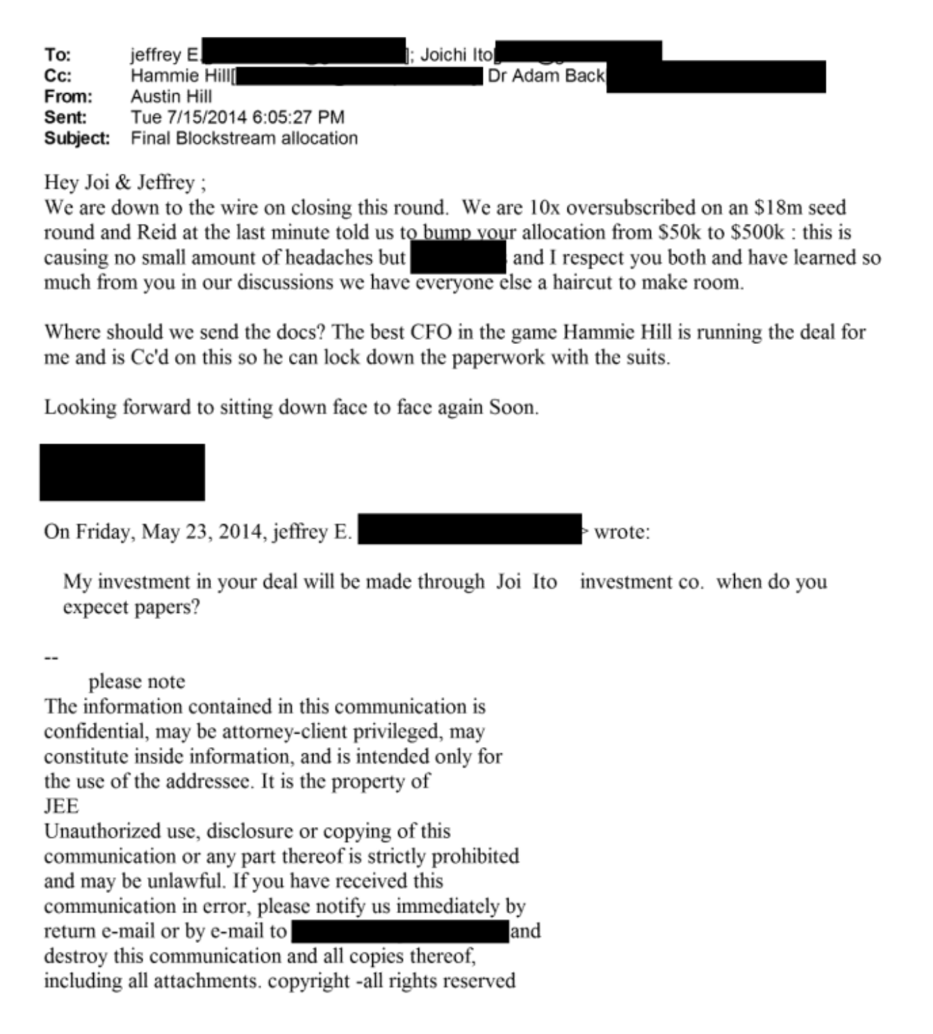 July 15 2014 Austin Hill email to Jeffrey Epstein and Joi Ito copying Adam Back about bumping a Blockstream allocation from 50k to 500k