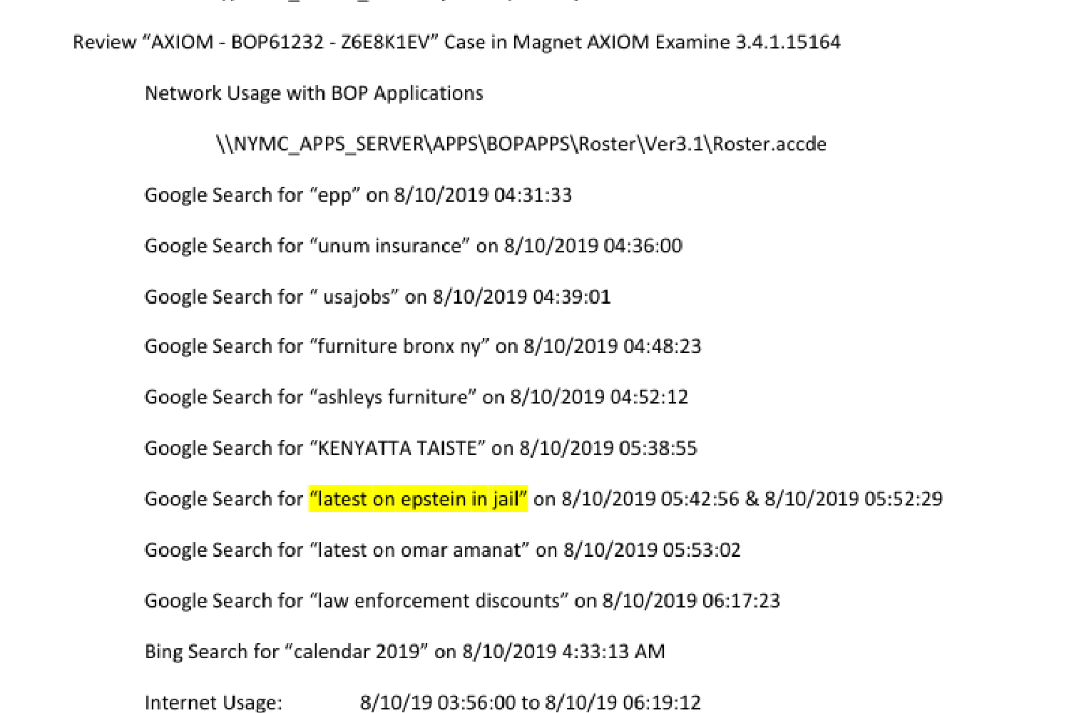 FBI forensic notes listing Google Search for latest on epstein in jail at 5:42:56 and 5:52:29 on Aug 10 2019