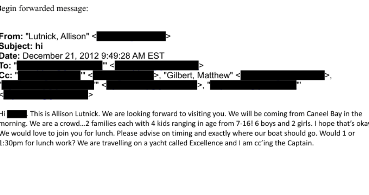 December 21 2012 Allison Lutnick email saying the family is looking forward to visiting and would love to join for lunch