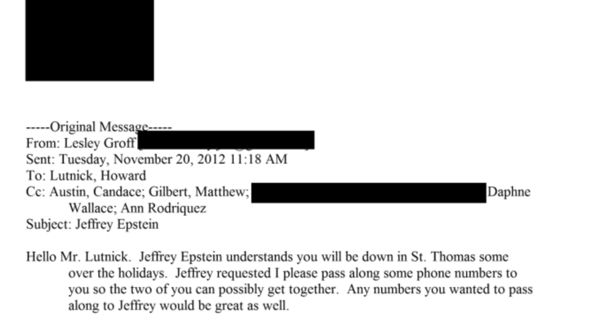 November 20 2012 email from Lesley Groff to Howard Lutnick offering to connect him with Jeffrey Epstein in St Thomas