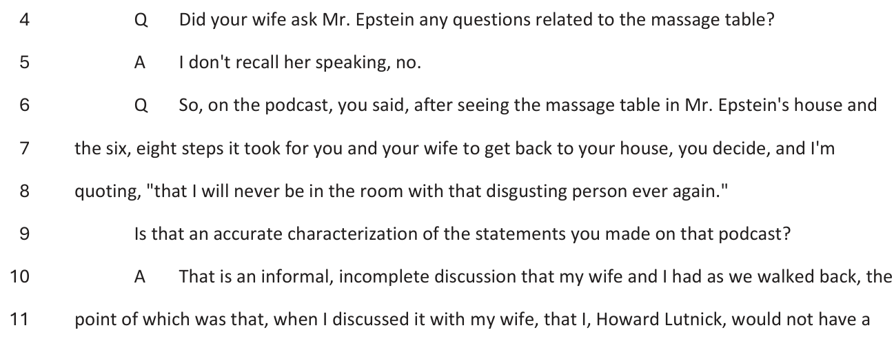 House Oversight transcript page quoting Lutnick podcast line that he would never be in the room with that disgusting person ever again