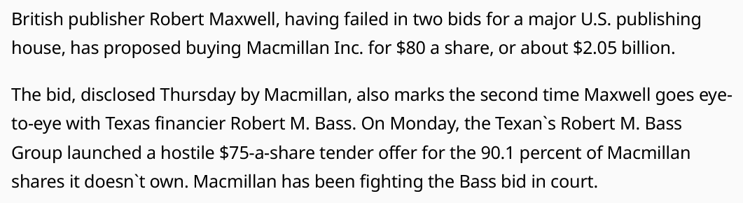 Chicago Tribune July 22 1988 excerpt on Robert Maxwell proposing to buy Macmillan Inc. for about 2.05 billion dollars after two failed bids