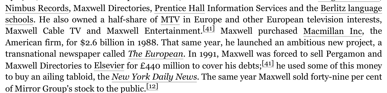 Wikipedia excerpt stating Maxwell purchased Macmillan Inc the American firm for 2.6 billion dollars in 1988