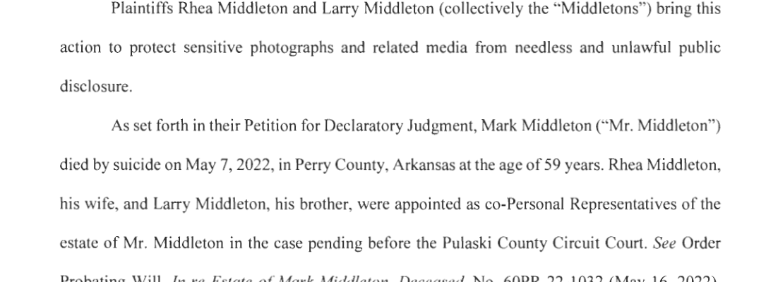 Perry County Circuit Court brief stating Mark Middleton died by suicide on May 7 2022 in Perry County Arkansas at age 59
