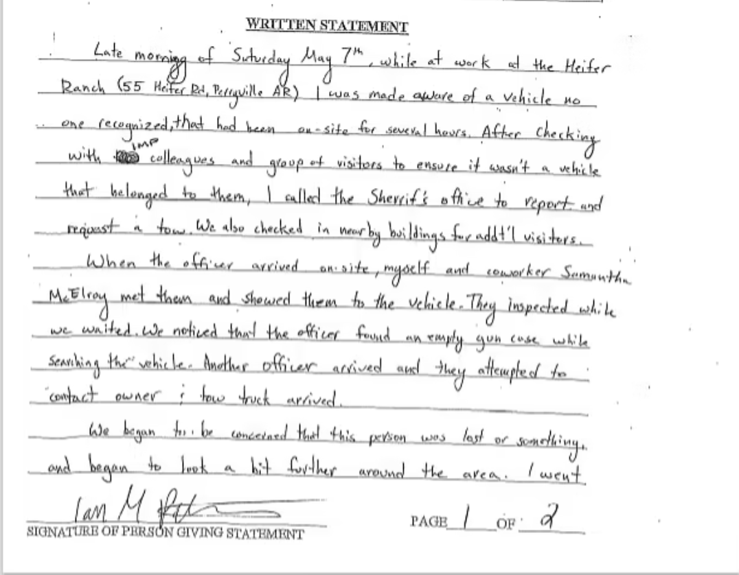 Page 1 of Ian Peters written statement that an unrecognized vehicle sat at Heifer Ranch on May 7 2022 and officers found an empty gun case