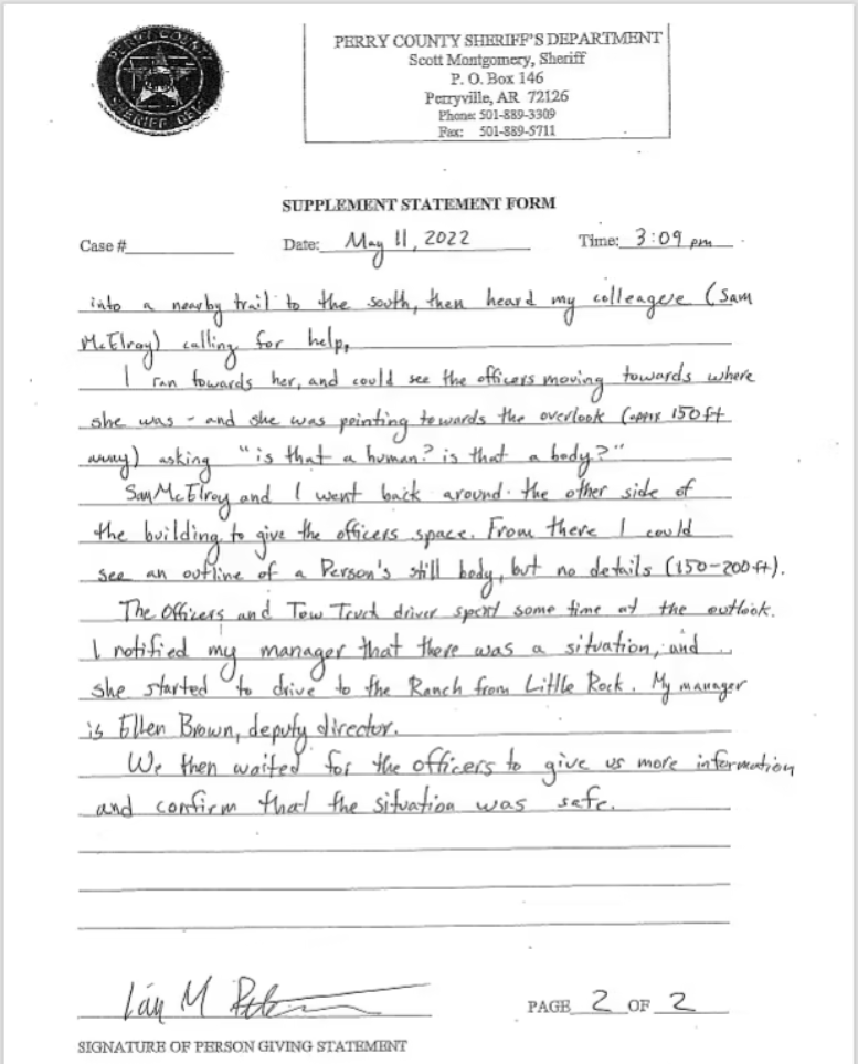 Page 2 of Ian Peters May 11 2022 supplement describing a body at the Heifer Ranch overlook