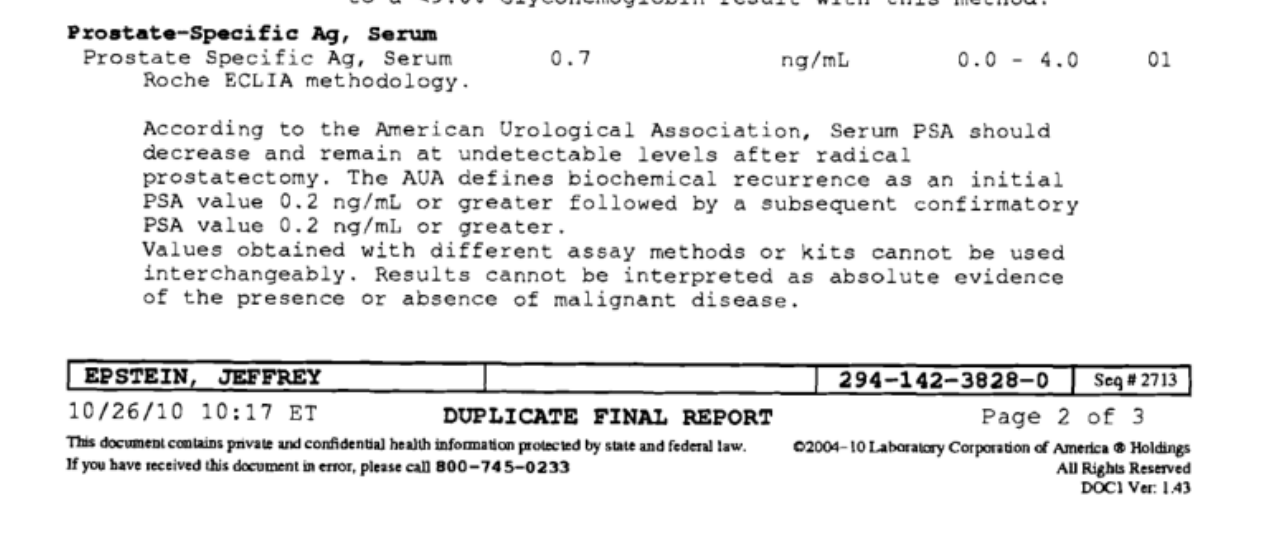 October 2010 LabCorp report showing Epstein PSA 0.7 ng/mL and the standard radical-prostatectomy interpretation note