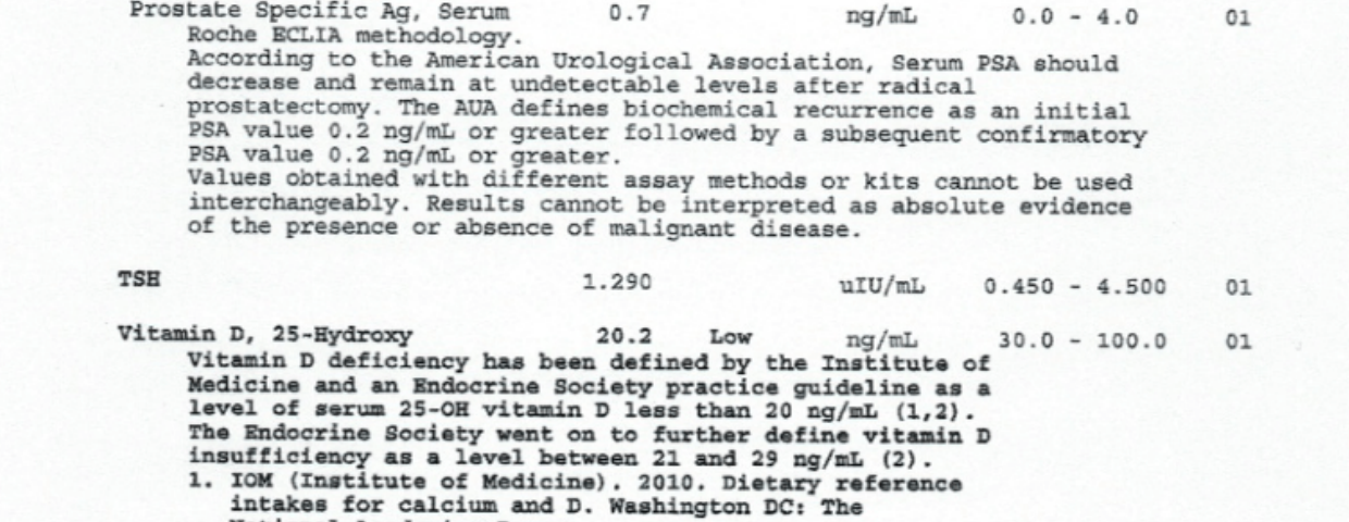 September 2018 LabCorp report showing Epstein PSA 0.7 ng/mL and the same standard interpretation note