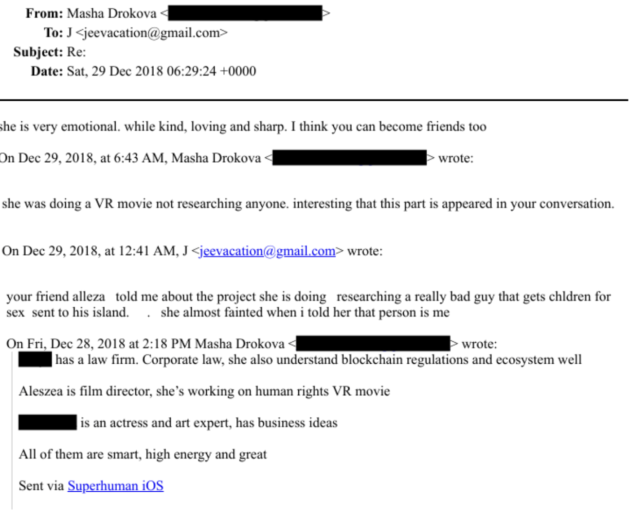 December 29 2018 reply from Masha Drokova quoting Epstein and saying the filmmaker was doing a VR movie not researching anyone