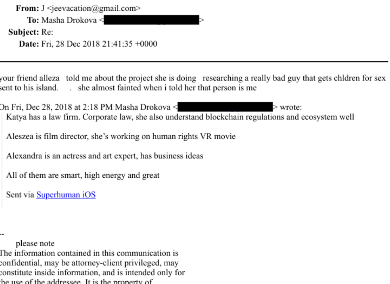 December 28 2018 email from jeevacation@gmail.com to Masha Drokova in which Epstein says a filmmaker almost fainted when he told her he was the guy who gets children for sex sent to his island