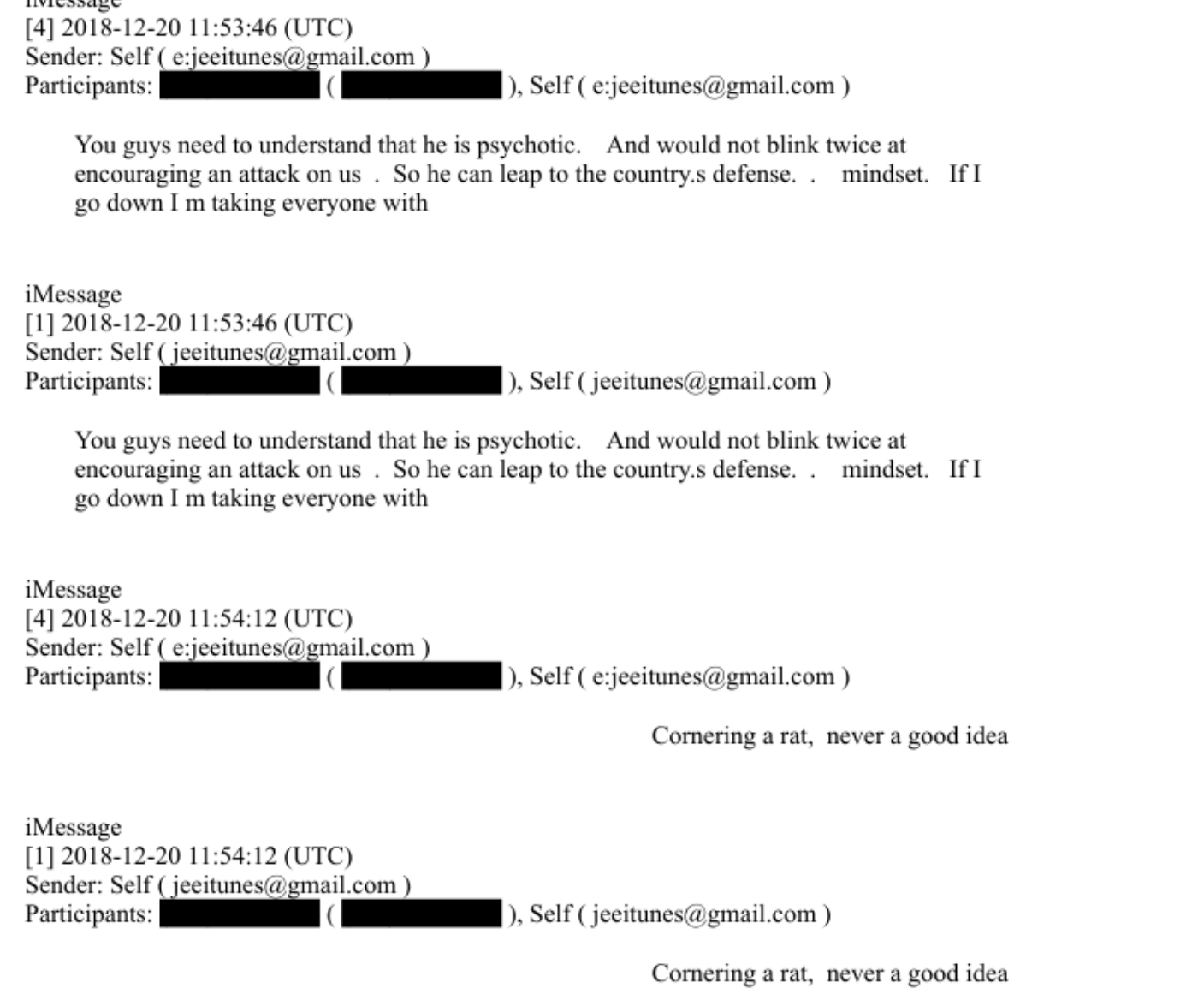 DOJ iMessage export showing Self jeeitunes writing Cornering a rat never a good idea