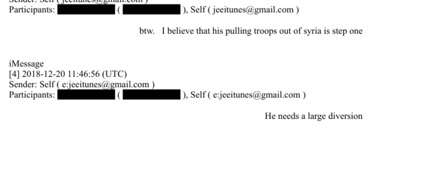 DOJ iMessage export showing Self jeeitunes writing He needs a large diversion on Dec 20 2018
