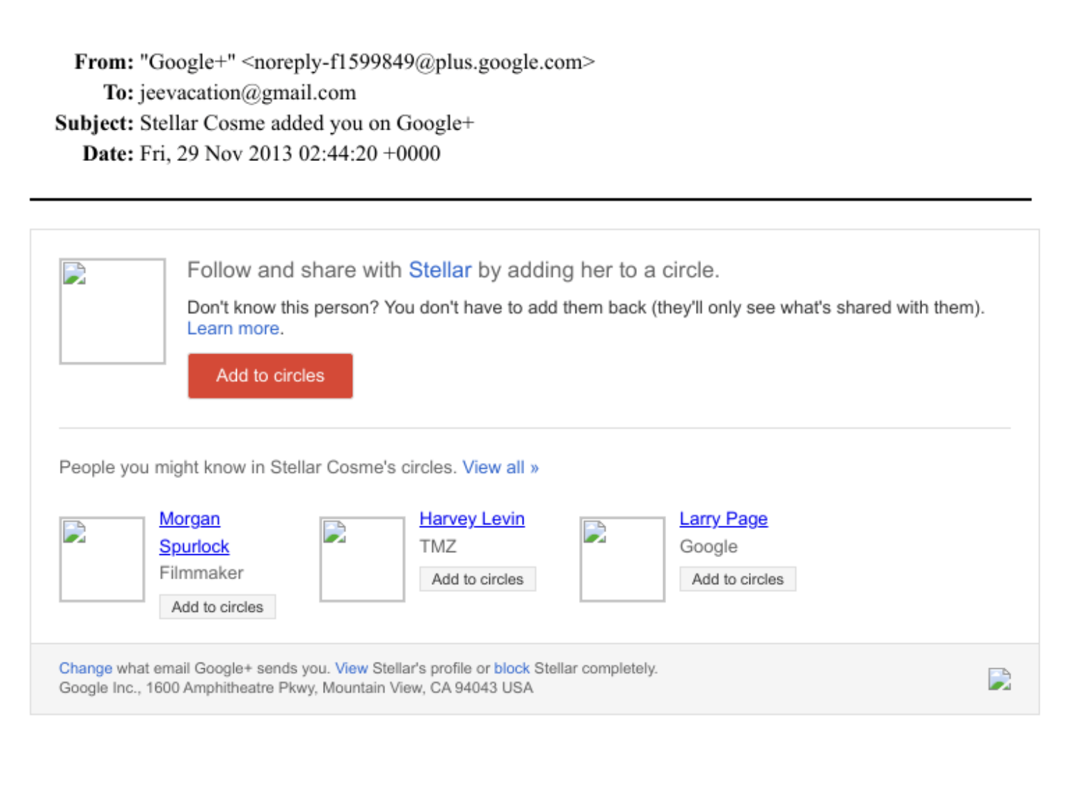November 29 2013 Google Plus notification to Epstein listing Harvey Levin of TMZ in a people you might know widget