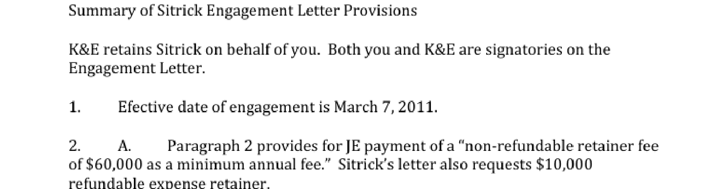 DOJ summary of Sitrick engagement letter dated March 7 2011 with a 60000 dollar minimum annual retainer
