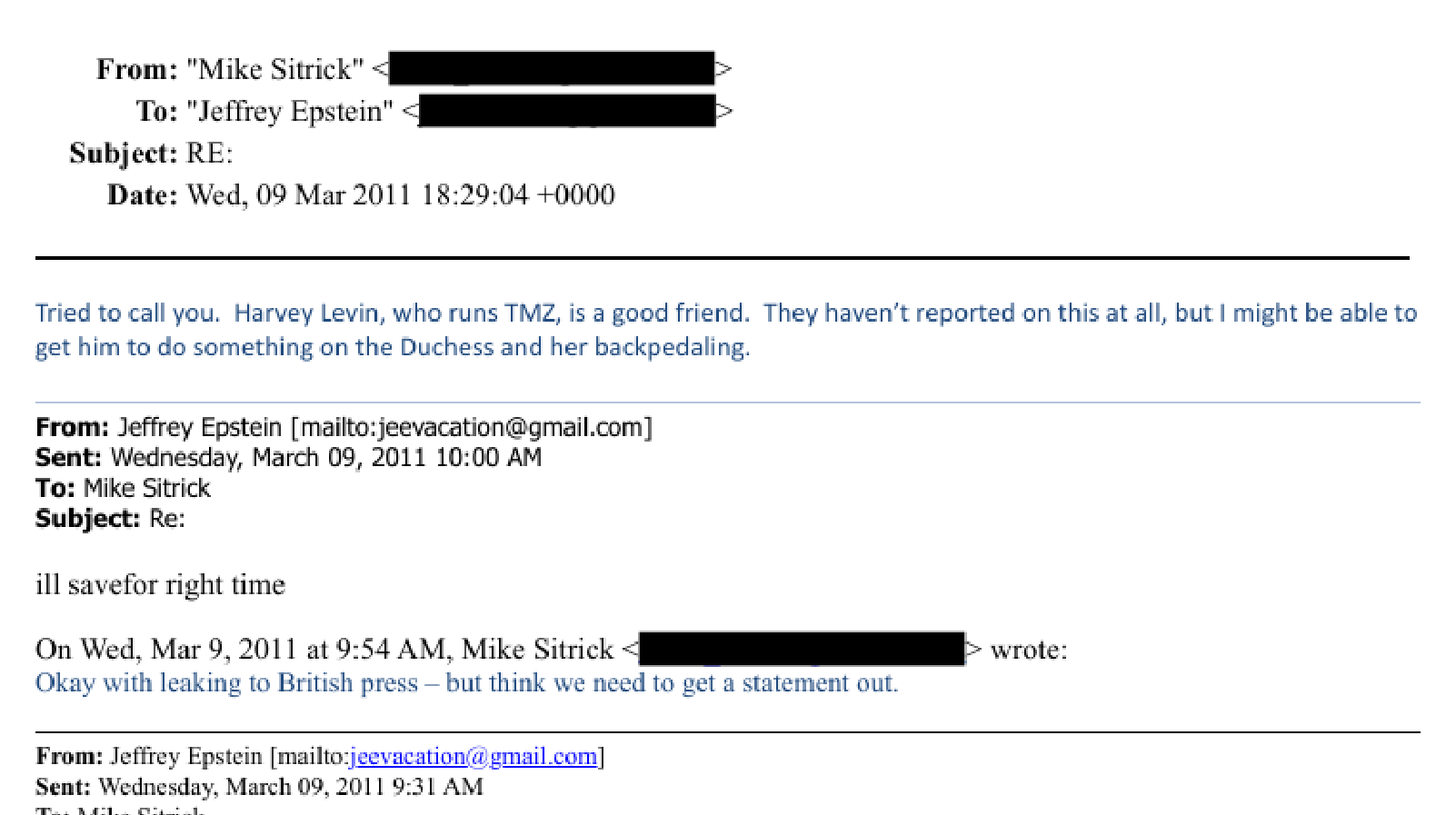 March 9 2011 email from Mike Sitrick to Jeffrey Epstein calling Harvey Levin a good friend and offering to ask TMZ to cover the Duchess