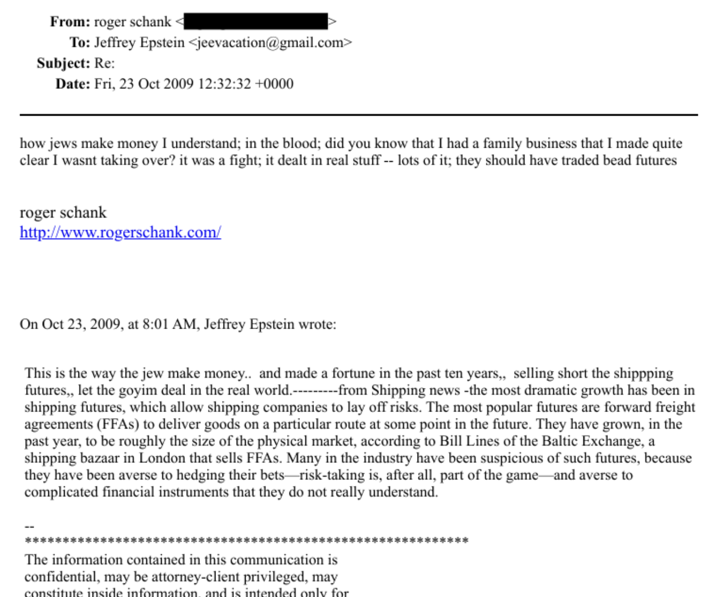 DOJ file EFTA00771953 showing Roger Schank's reply and Jeffrey Epstein's October 23 2009 shipping-futures email