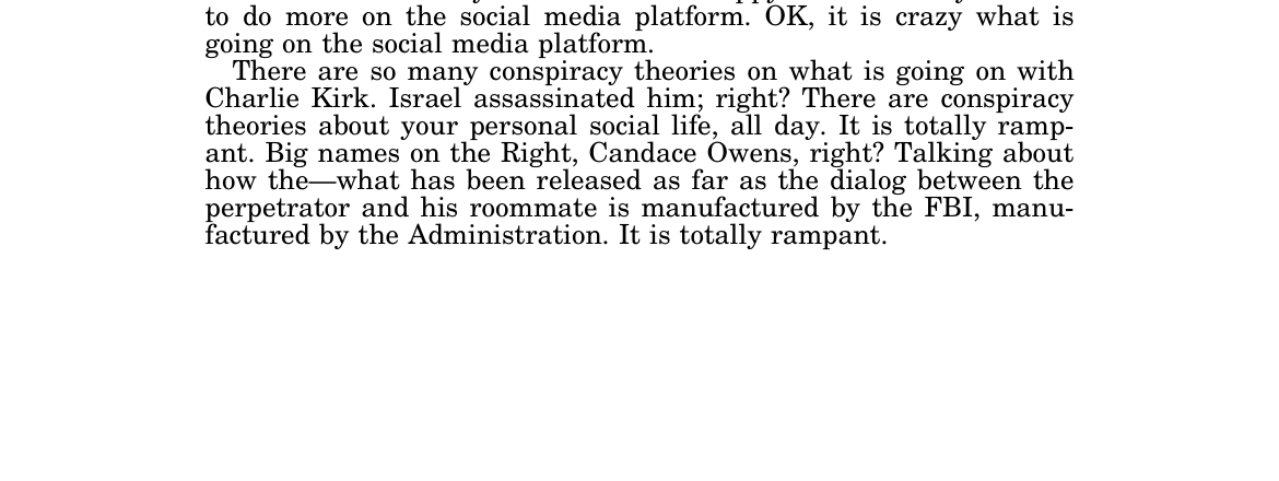 GPO transcript page 82 with Moskowitz citing Charlie Kirk conspiracy theories including that Israel assassinated him