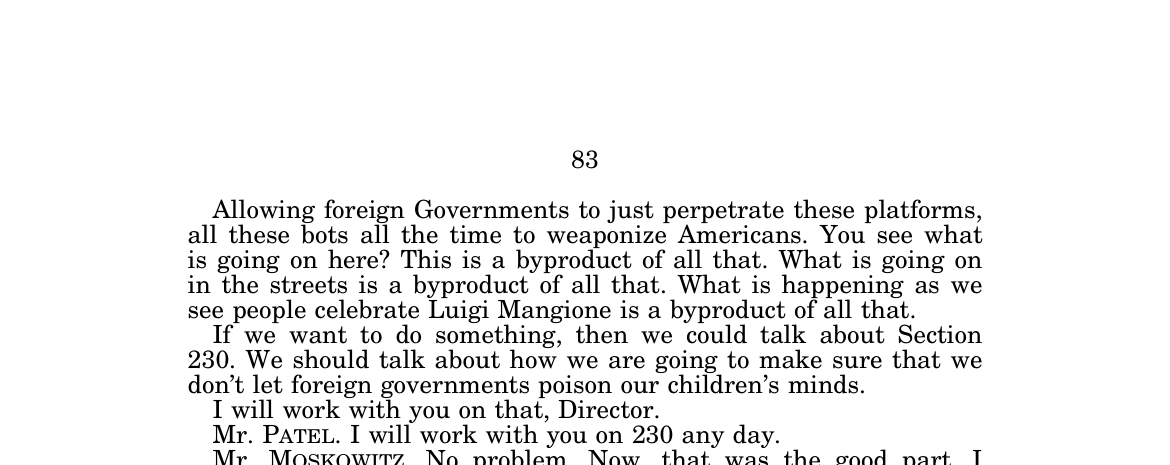 GPO transcript page 83 with Moskowitz offering to work on Section 230 and Patel saying he will work with him on 230 any day