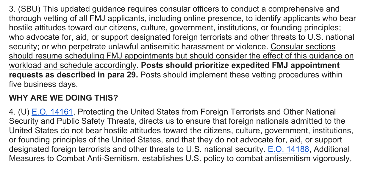 Cable 25 STATE 59756 paragraphs 3 and 4 listing hostile attitudes toward the United States, support for designated foreign terrorists, and unlawful antisemitic harassment or violence