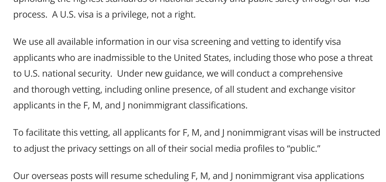 State Department June 18 2025 media note announcing online-presence vetting for F M and J student and exchange visa applicants