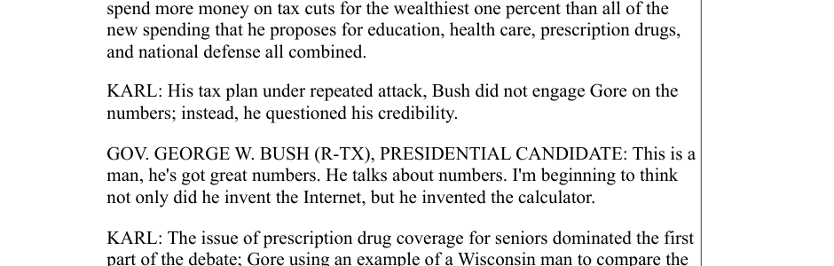 CNN October 4 2000 transcript of Bush's invented-the-calculator line from the first presidential debate