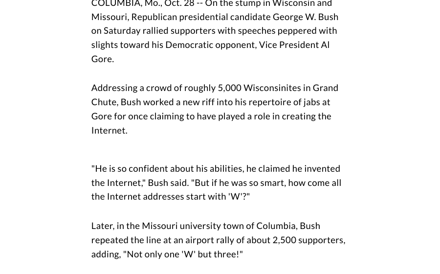 UPI October 28 2000 dispatch quoting Bush's internet W joke at Grand Chute Wisconsin and Columbia Missouri