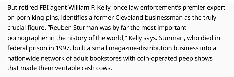 Chicago Tribune 2005 quoting retired FBI agent William P. Kelly that Sturman was the most important pornographer in the history of the world and built a nationwide adult-bookstore network