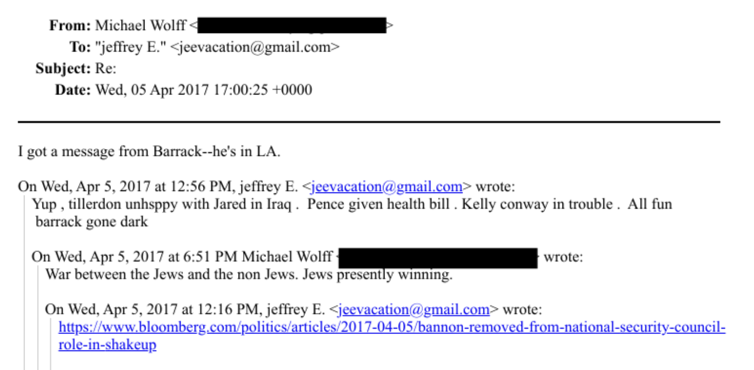 DOJ file EFTA00715666 showing Michael Wolff's April 5 2017 line that Jews were presently winning a war against non-Jews and Jeffrey Epstein's Yup reply