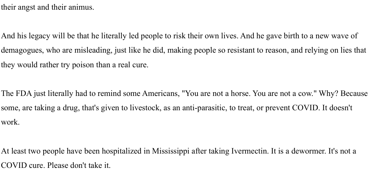 CNN transcript of Cuomo Prime Time August 23 2021: poison than a real cure, then ivermectin is a dewormer and please don't take it