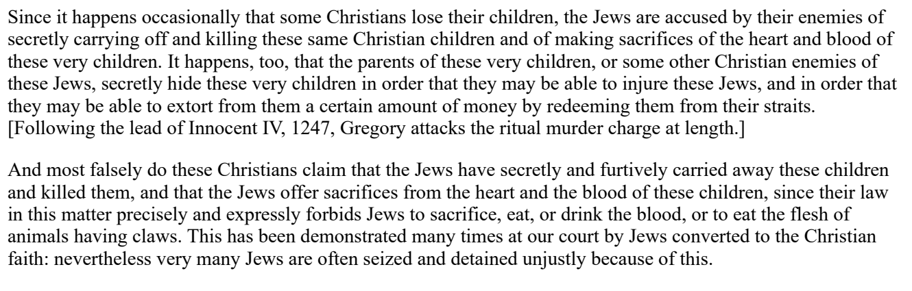 Gregory X 1272 bull describing the accusation that Jews killed Christian children and made sacrifices of their heart and blood