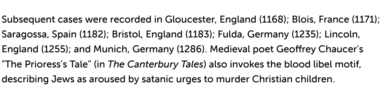 USHMM listing medieval blood libel cases in England France Spain and Germany