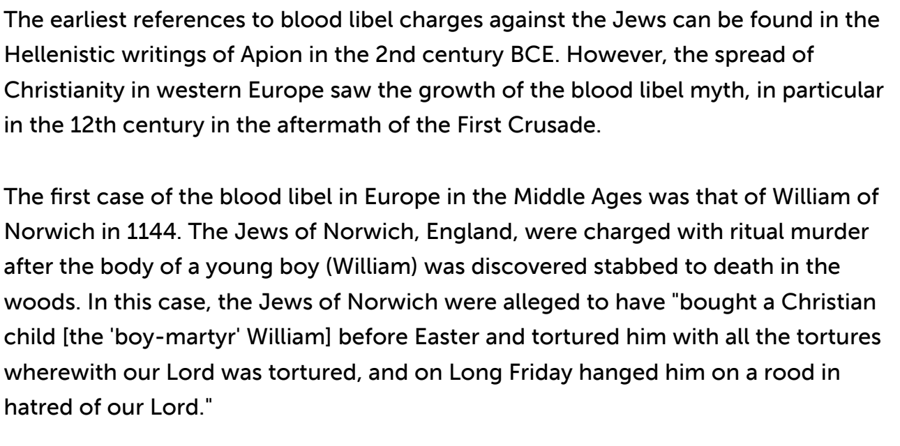 USHMM blood libel article naming William of Norwich 1144 as the first medieval European case