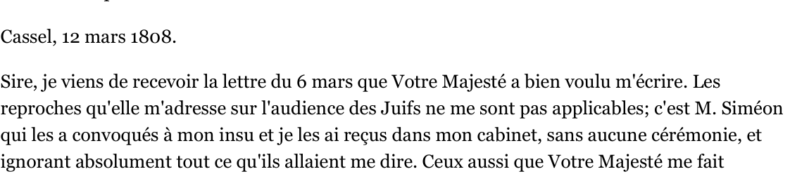 Jérôme's 12 March 1808 reply saying he received Napoleon's 6 March letter rebuking the Jewish audience