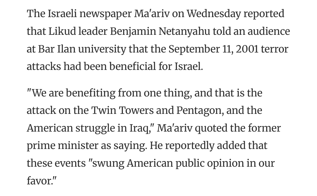 April 16 2008 Haaretz report quoting Ma'ariv on Netanyahu's Bar-Ilan remarks about benefiting from the Twin Towers and Pentagon attacks