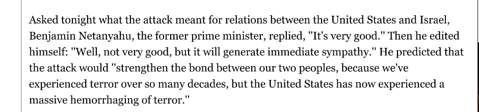 New York Times September 12 2001 Wayback snapshot: James Bennet quotes Netanyahu saying the 9/11 attack is very good then correcting to sympathy