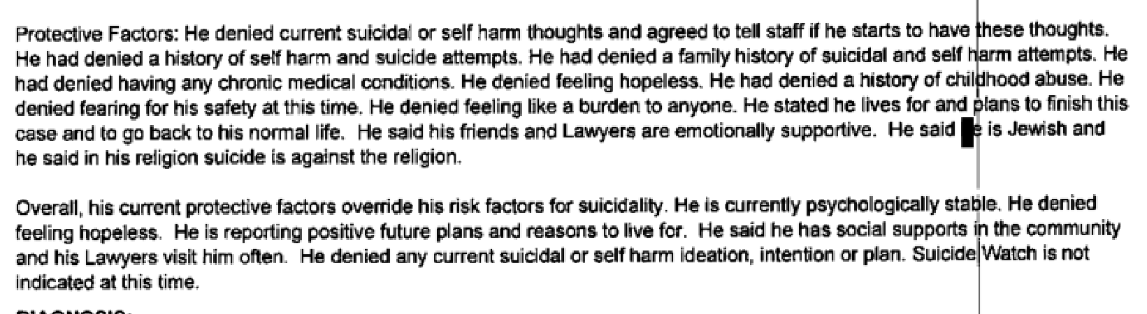 August 1 2019 MCC suicide risk assessment page stating Epstein said he is Jewish and in his religion suicide is against the religion