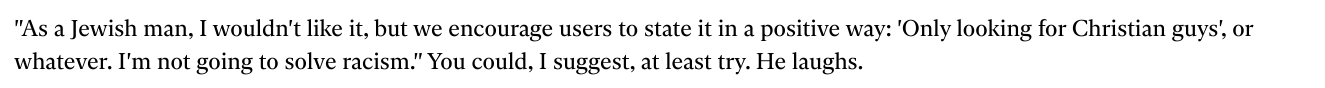 The Independent 2014: Simkhai says As a Jewish man I wouldn't like it when asked about profiles that said no Jews