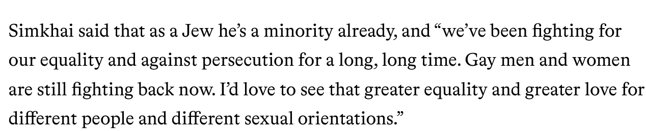Jewish Journal 2015: Simkhai said that as a Jew he is a minority already and quoted him on fighting persecution