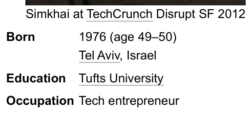Wikipedia infobox: Joel Simkhai born 1976 in Tel Aviv, Israel