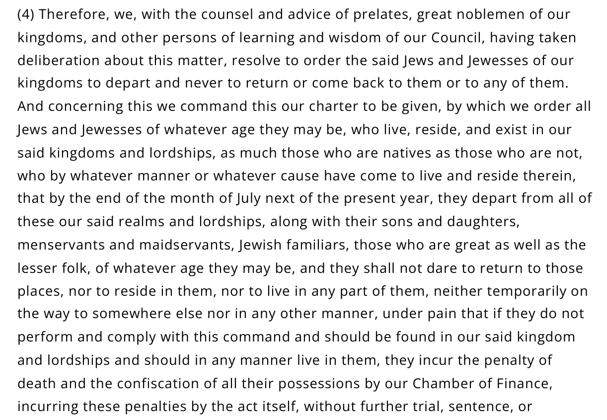 Peters translation: the decree orders all Jews and Jewesses to depart by the end of July 1492 and never return, under pain of death