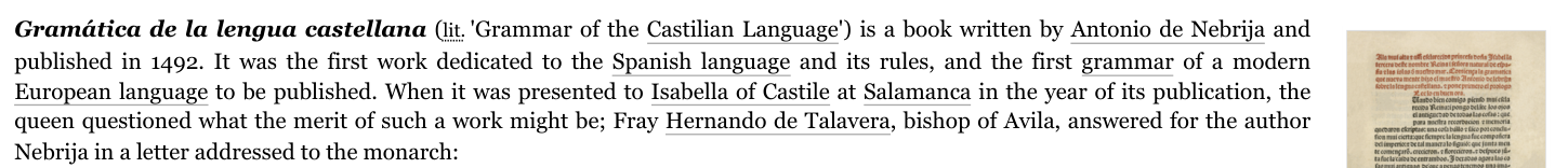 Wikipedia: Nebrija's Grammar of the Castilian Language was published in 1492