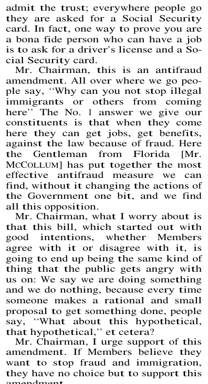 Congressional Record March 19 1996: Schumer says a driver's license and Social Security card prove you can have a job, and calls the McCollum measure an antifraud amendment