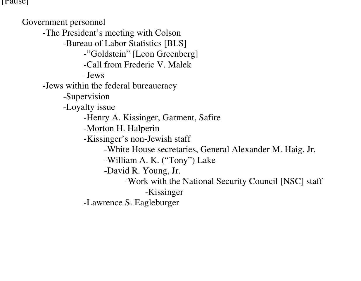 NARA tape subject log for Conversation 536-16 listing Jews within the federal bureaucracy, loyalty, and Kissinger Garment Safire