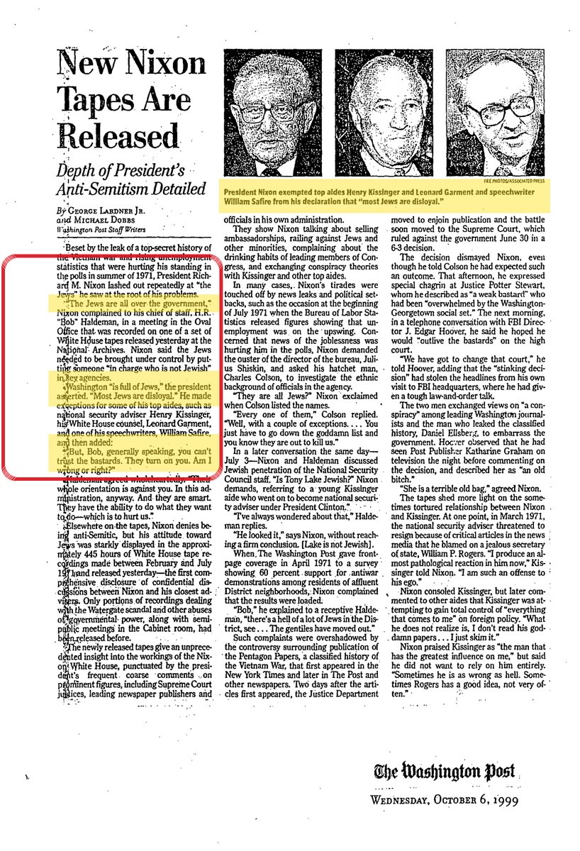 Full Washington Post October 6 1999 clipping with the all over the government most Jews are disloyal and bastards lines highlighted