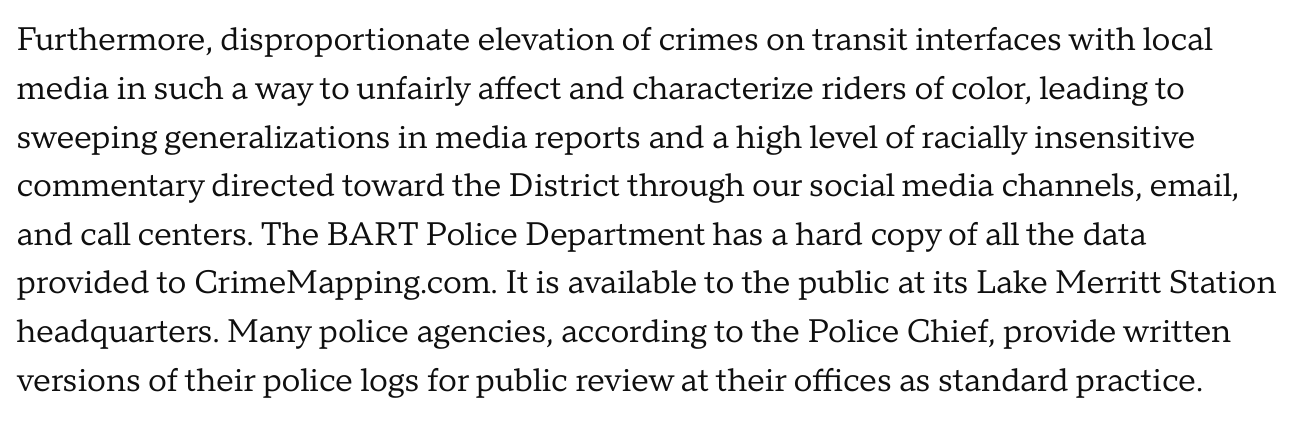 Kerry Hamill July 7 2017 memo: disproportionate elevation of transit crimes would unfairly affect and characterize riders of color and produce racially insensitive commentary