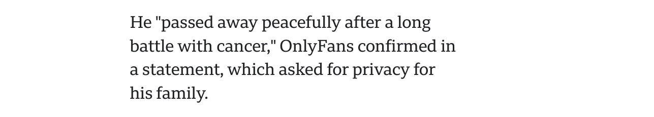 BBC March 23 2026 quoting OnlyFans: Leo passed away peacefully after a long battle with cancer