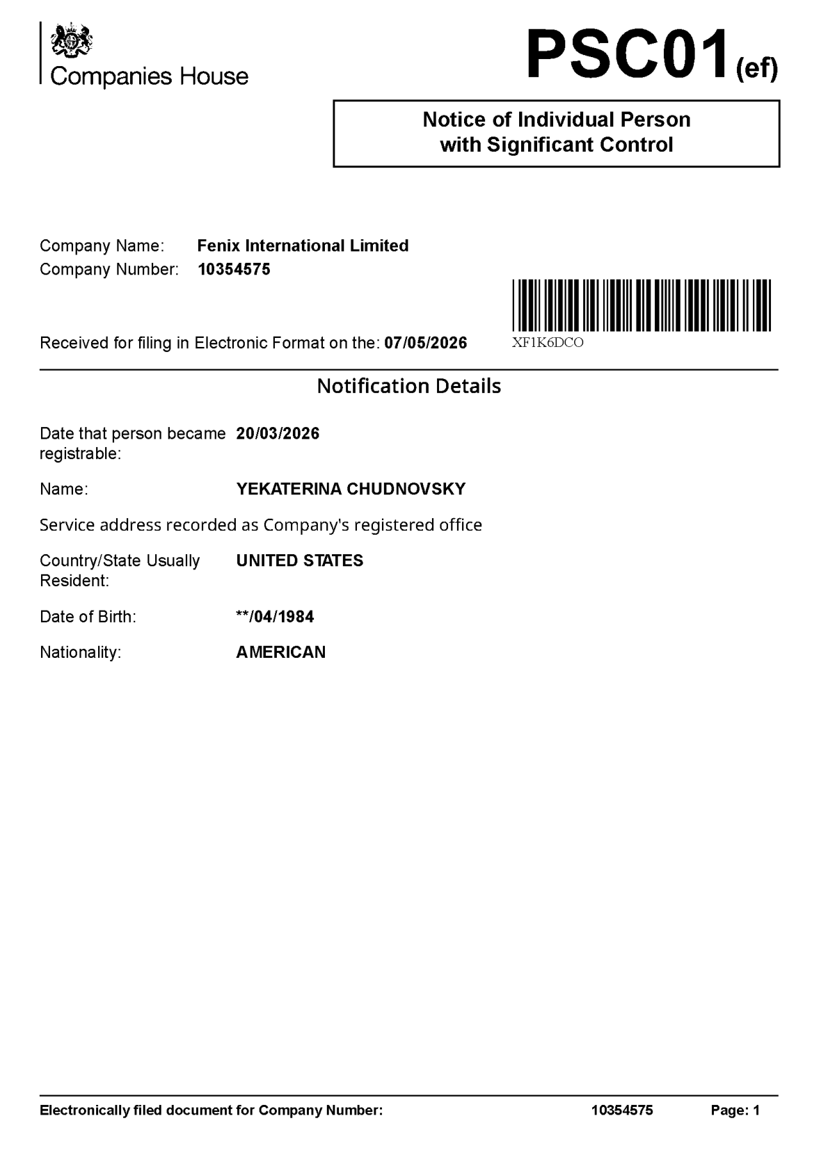 Companies House PSC01 page 1: Yekaterina Chudnovsky became a person with significant control of Fenix International on 20 March 2026